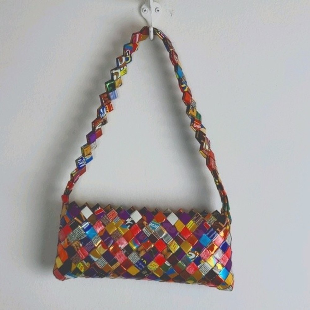Upcycled Handmade candy wrap small shoulder bag Rave Festival Unique